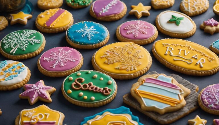 An assortment of colorful retirement cookies with decorative frosting set against a festive backdrop.