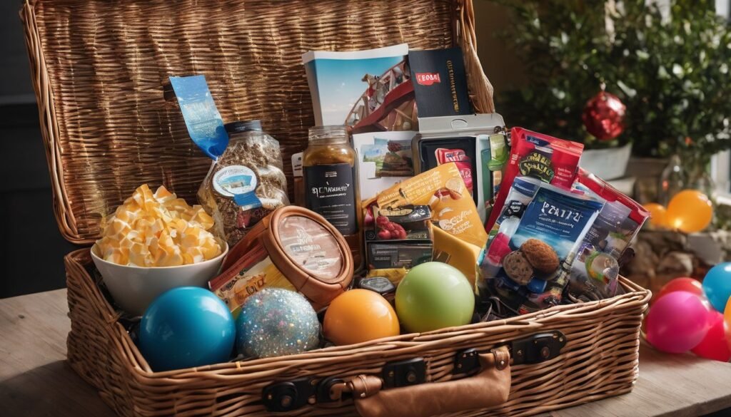 A comical Retirement Gag Gifts basket surrounded by colorful party decorations and funny gag items.