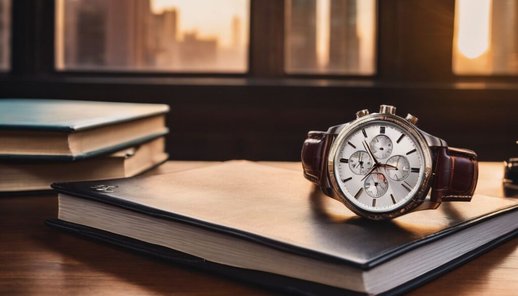 A retirement watch is placed on an elegant desk surrounded by books and cityscape photography. Personalized Retirement Gifts