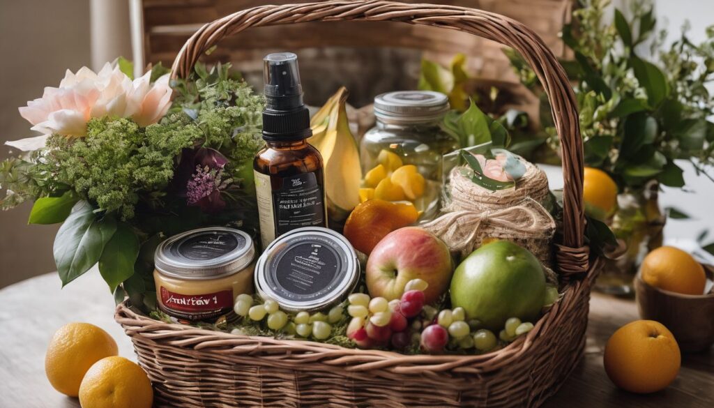 A retirement gift basket surrounded by natural greenery and nature photography.