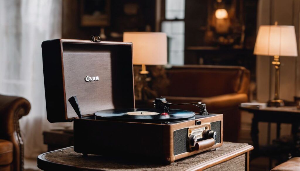 An antique record player in a cozy living room setting. Songs for a Retirement Party