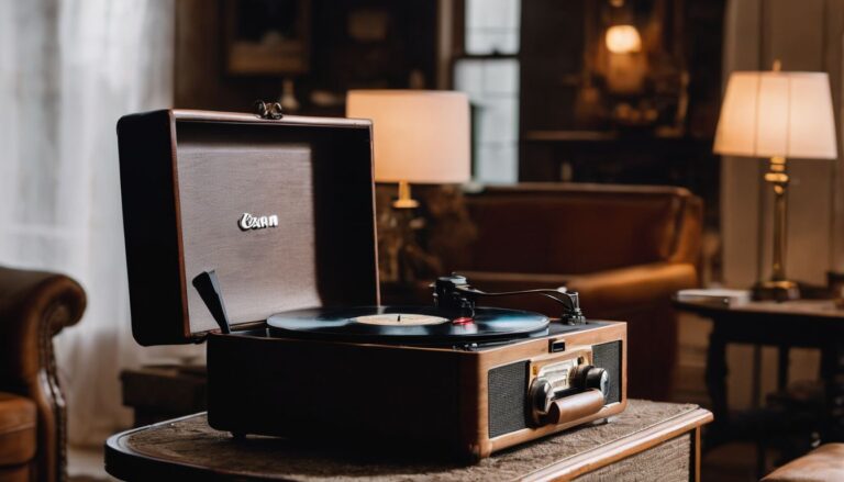 An antique record player in a cozy living room setting. Songs for a Retirement Party