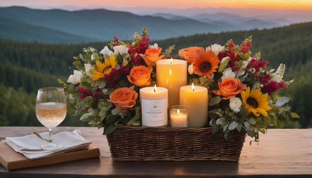 A beautifully wrapped personalized gift basket surrounded by fresh flowers and soft candlelight. Gifts for Pastors