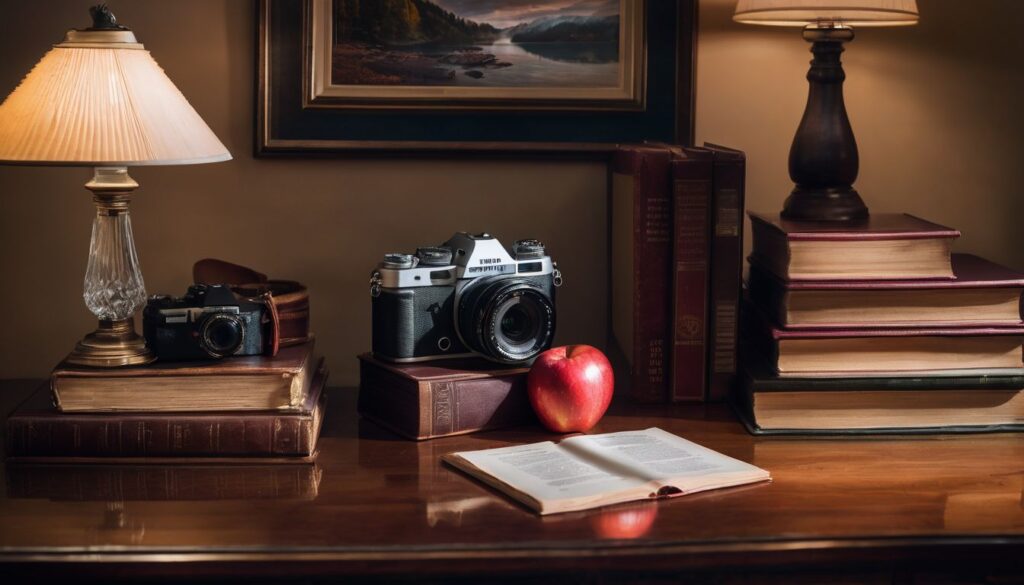 A vintage desk with books, an apple, and a retirement plaque. Teacher Retirement Gift Ideas