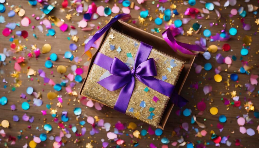 A beautifully wrapped retirement gift for women box surrounded by colorful confetti and a bustling atmosphere.