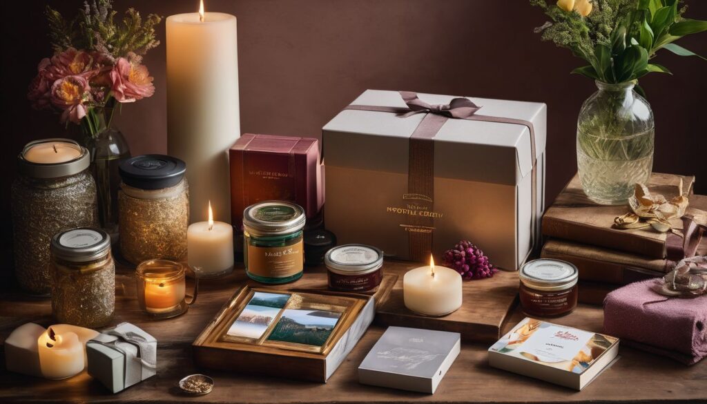 A beautifully arranged display of retirement gifts for mom, showcasing a variety of unique and thoughtful presents.