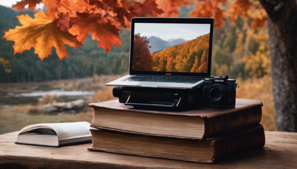 A vintage oak desk with books and an apple, surrounded by autumn foliage in a bustling atmosphere. Retired Teacher Gifts