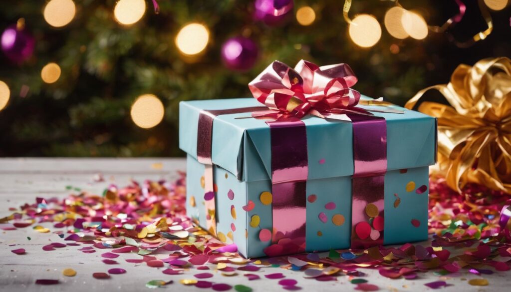 A beautifully wrapped gift box surrounded by colorful confetti in a bustling atmosphere. For gift ideas for a woman retiring.