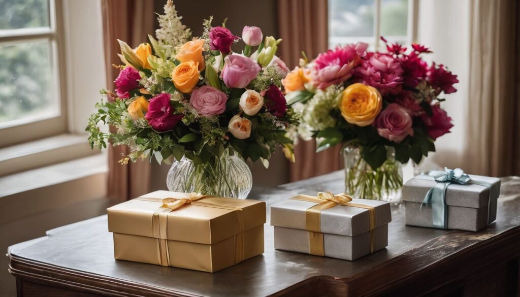 Retirement gift for women surrounded by floral arrangements in a bustling atmosphere.