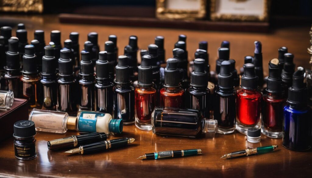 A variety of fountain pen ink bottles displayed in an organized and vibrant setting. Best Fountain Pen Ink