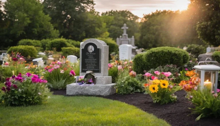 A pet memorial garden with personalized tombstone and vibrant flowers in a bustling atmosphere. Pet Memorial Gifts