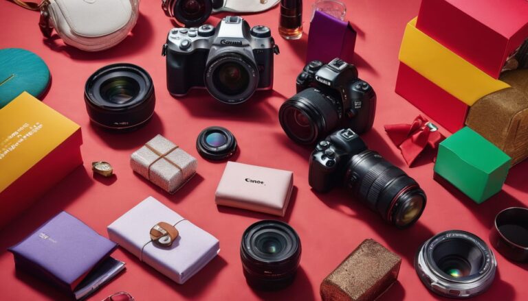 A table arranged with a colorful assortment of funny retirement gifts in a bustling atmosphere.