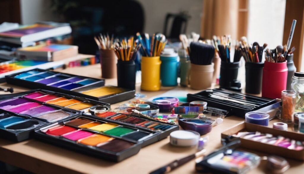 A diverse array of art supplies for retirement hobbies on a work table in a bustling atmosphere.