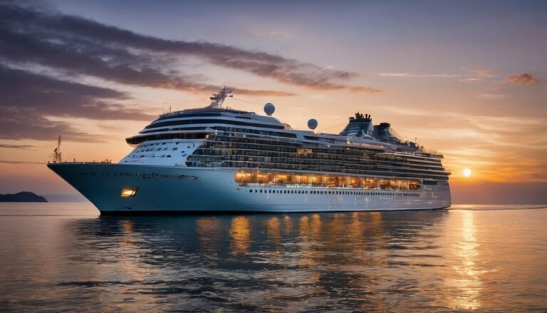 A luxury cruise ship sailing on calm waters at sunset, with a bustling atmosphere. Single Senior Cruises