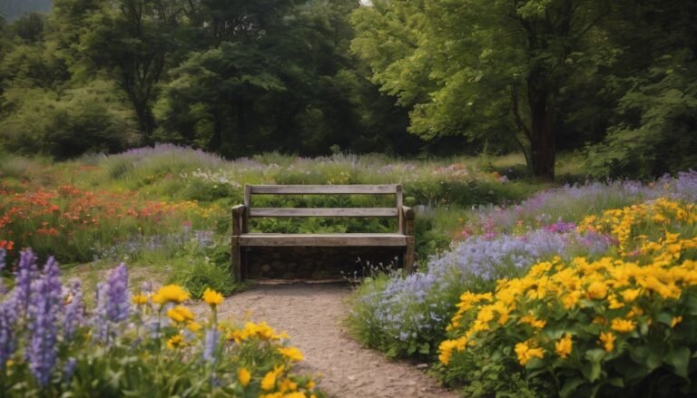 A peaceful landscape with a memorial bench surrounded by blooming flowers in the bustling atmosphere. Memorial Gifts for Loss of Father