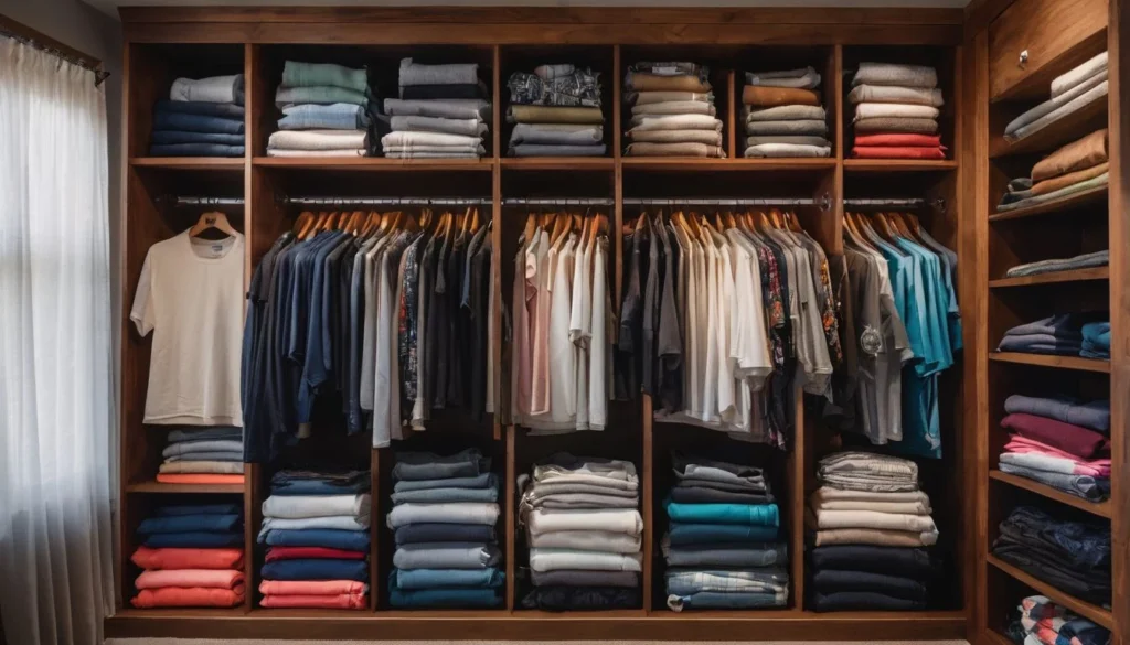 A vibrant retirement t shirts collection arranged in a cozy closet with a bustling atmosphere.