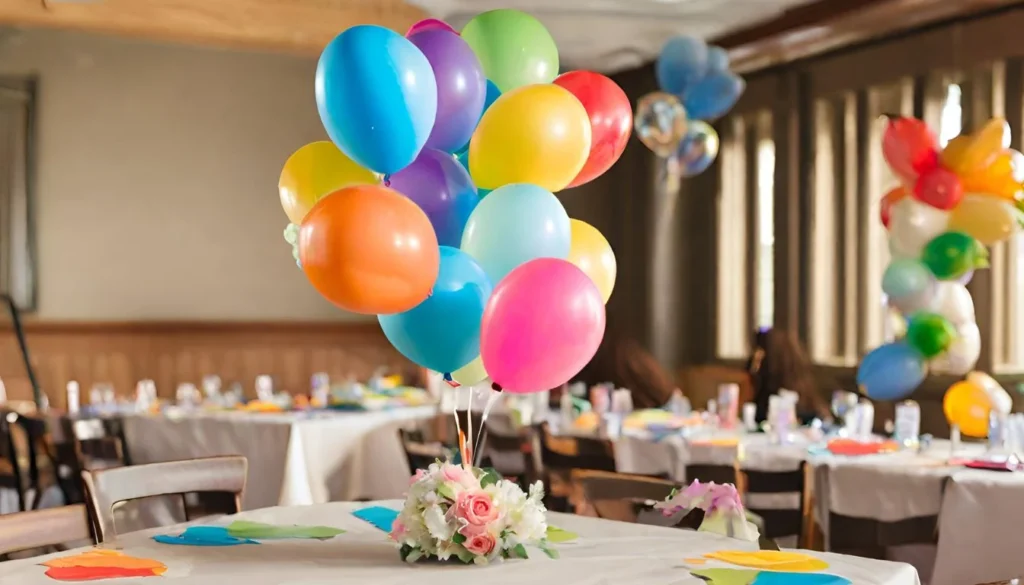 A colorful balloon bouquet floats above a retirement party table without any people in the scene. Retirement Sayings