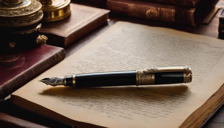 A vintage fountain pen on an ornate writing desk surrounded by antique books in a bustling atmosphere. Fountain Pen Writing