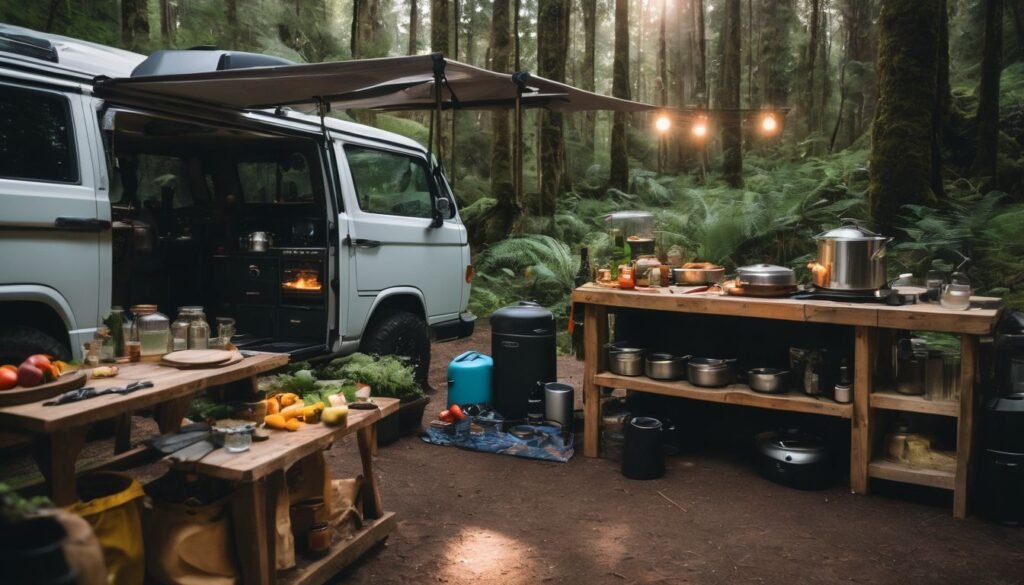 A well-equipped van kitchen surrounded by dense forest, with no people in sight. Van Life Accessories