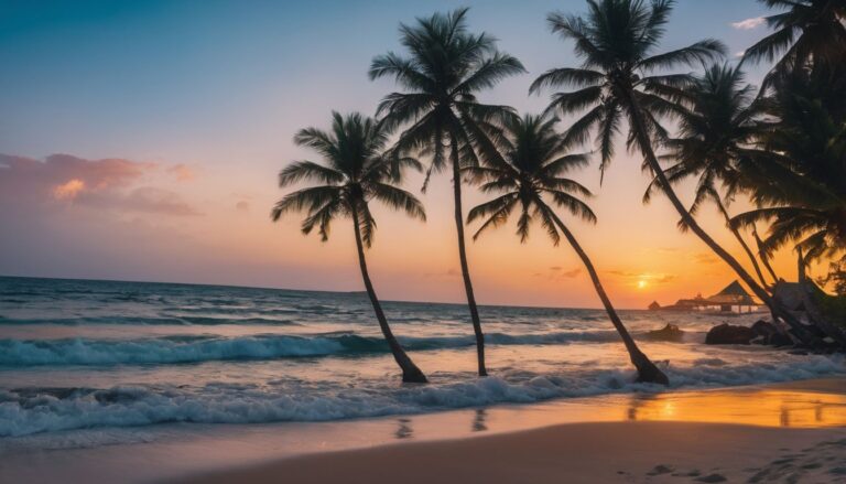 A remote beach with palm trees, crystal blue water, and a colorful sunset. Cheapest Countries to Retire