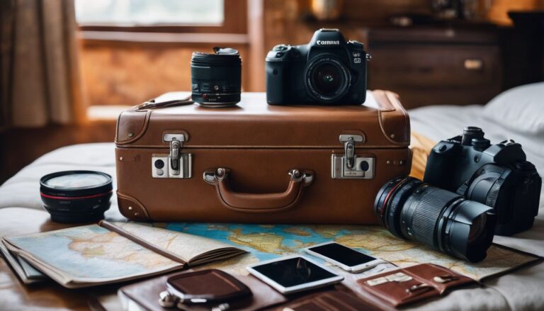 A well-organized suitcase packed with travel essentials surrounded by a world map. gifts for retirees who travel