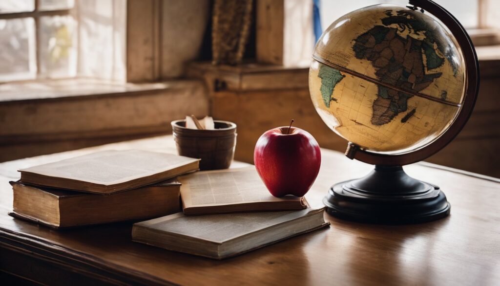 A vintage wooden desk with books, an apple, and a globe in soft natural light. Retirement Gift for Teacher