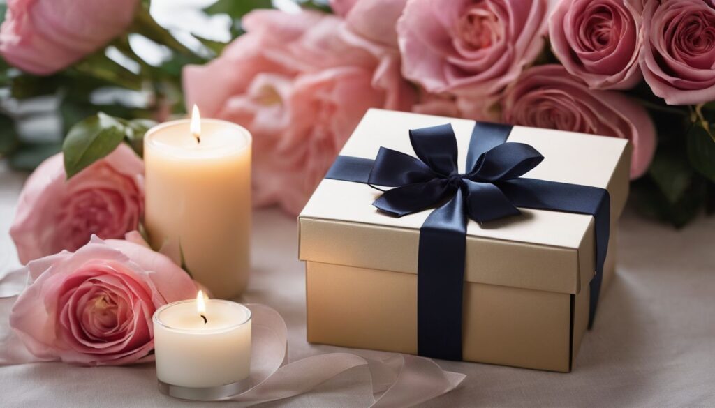 A beautifully wrapped gift box surrounded by elegant flowers, candles, and various elements, captured in a cinematic style photograph. Retirement Present for a Woman.