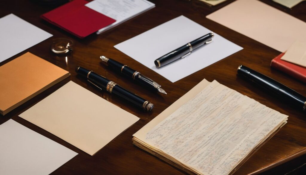 A well-organized desk featuring various fountain pen papers and elegant stationery. Fountain Pen Paper