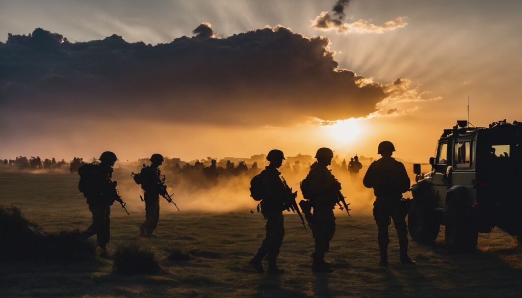 A silhouette of military memorabilia against a sunset backdrop in a bustling atmosphere. Military Retirement Gifts.