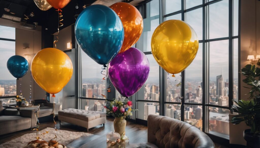 The photo shows a room with Happy Retirement balloons and a bustling party atmosphere.