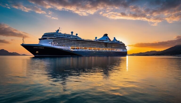 A peaceful cruise ship sailing through calm waters with a bustling atmosphere. Senior Cruises for Singles