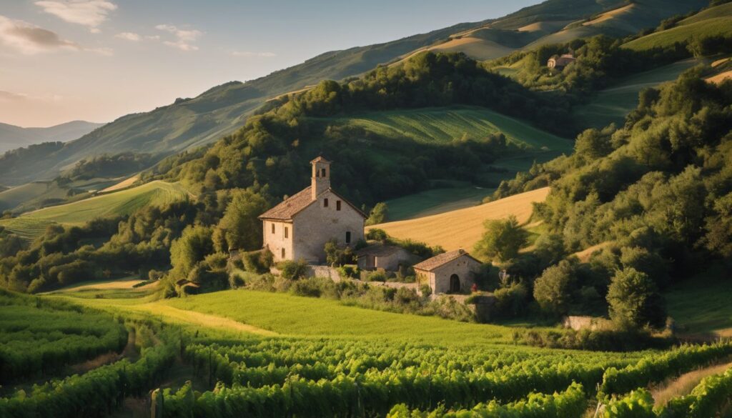 A stunning photo of lush Italian countryside with a quaint cottage and rolling hills. Countries to Retire in 2024