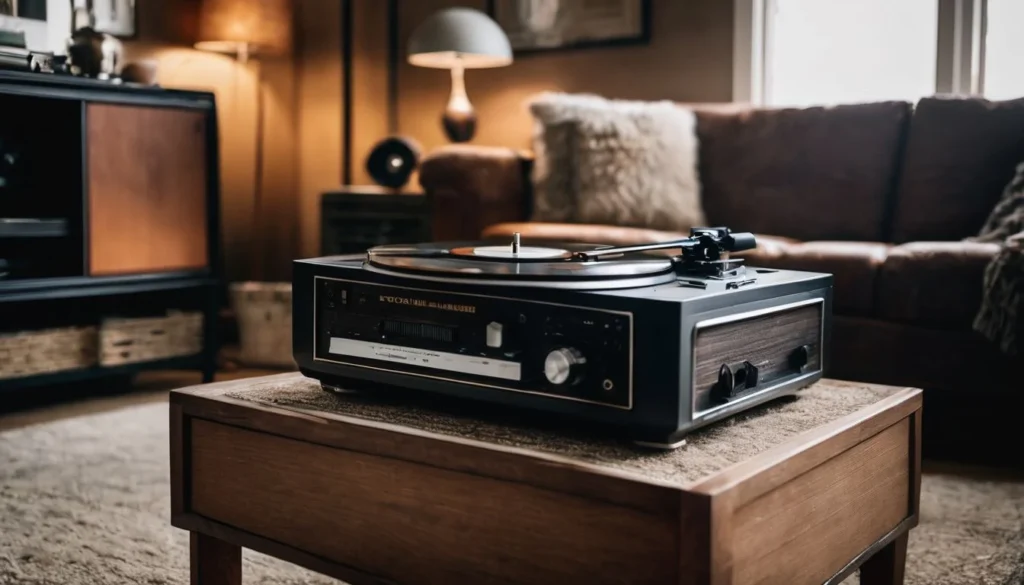 A cozy living room featuring a vintage record player and collection of vinyl records. Retirement Songs