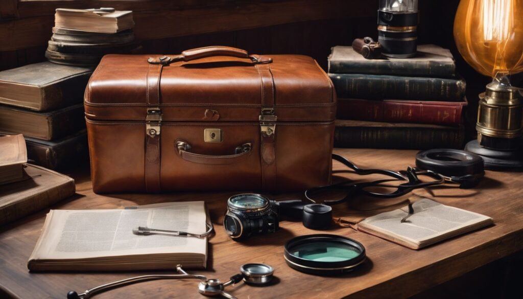 A vintage doctor's medical bag with a stethoscope surrounded by books and nature photography on a wooden desk. Retired Doctor Gifts