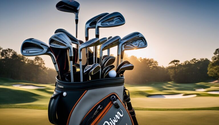 A customized golf bag and clubs on a picturesque golf course with no people present. Retirement Gift for a Golfer