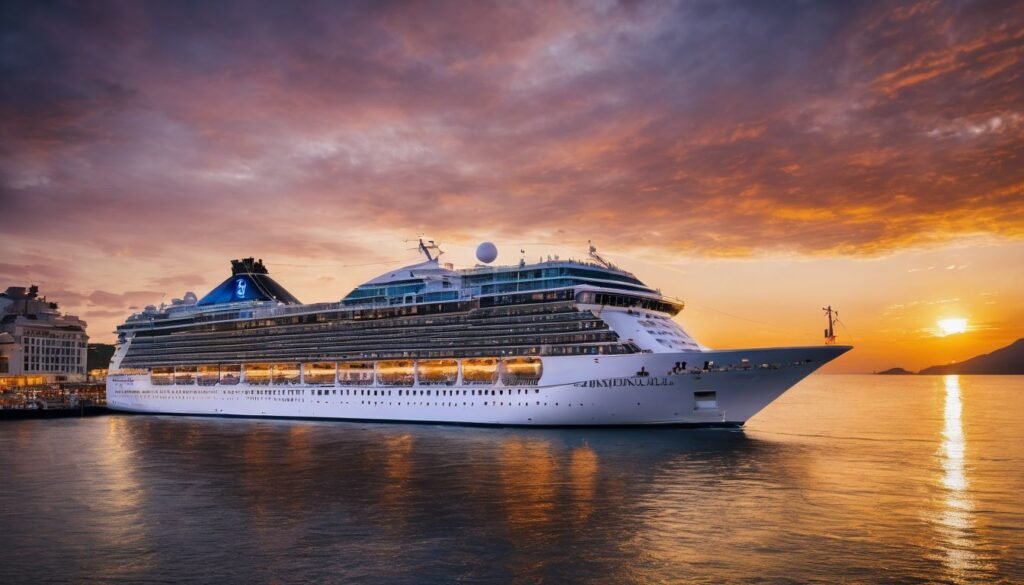 A cruise ship docked at a picturesque port at sunset. Senior Single Cruises