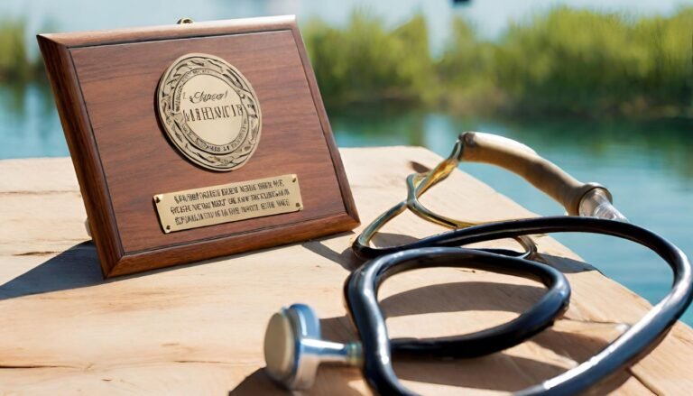 A vintage stethoscope and personalized engraved plaque on a serene lakeside setting. Photo-realistic. Nurse Retirement Gifts