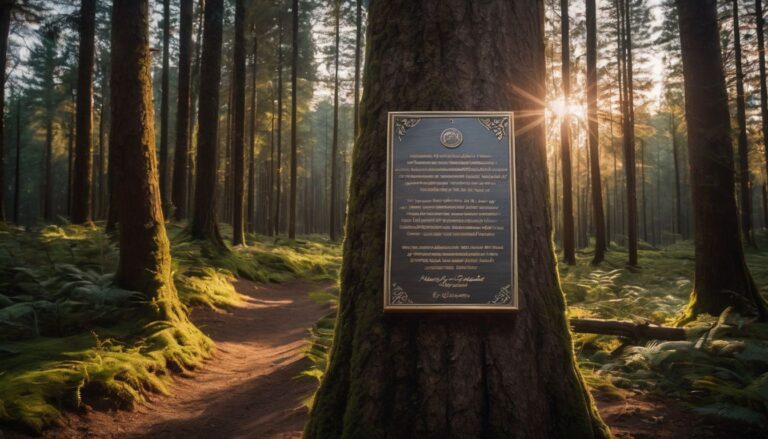 A personalized engraved tree plaque in a peaceful forest with a bustling atmosphere. Retirement Gifts for Teachers