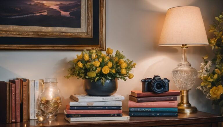 A beautifully arranged retirement gift ideas for women shelf filled with books, flowers, and ornaments.