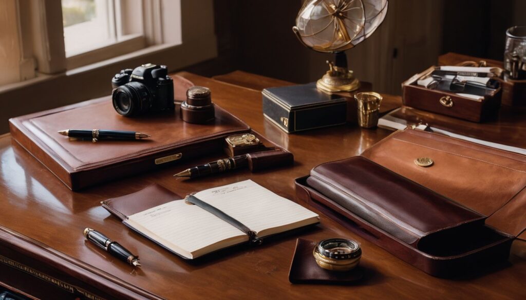 A vintage leather desk organizer and personalized pen set on a mahogany desk in a bustling office setting. Retirement Gift for Boss.