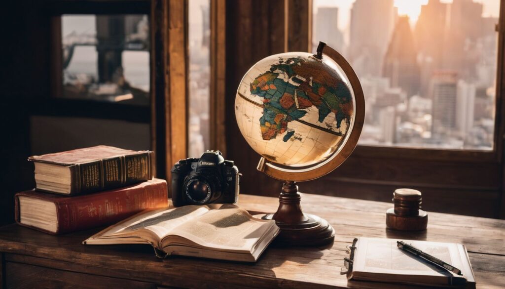 A vintage globe surrounded by travel guides and cityscape photography on a rustic wooden desk. Retirement Travel Gifts