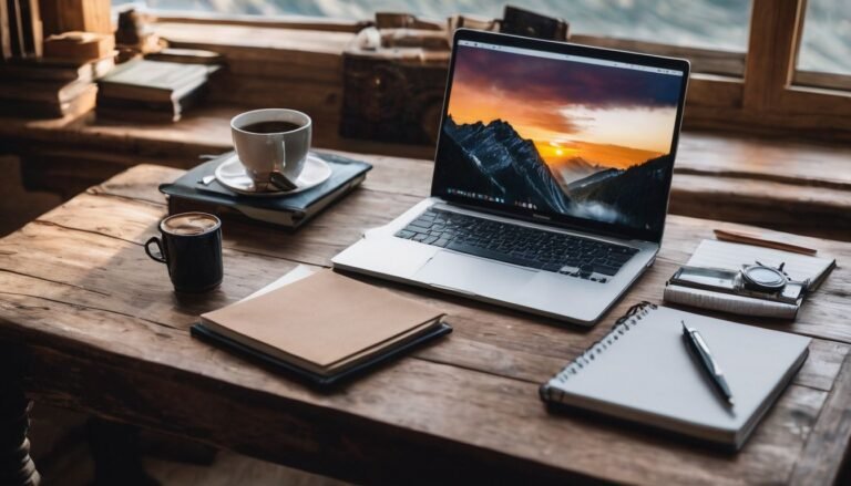 A vintage wooden desk with a laptop, pen, and notebook in a cozy workspace. Make Money in Retirement