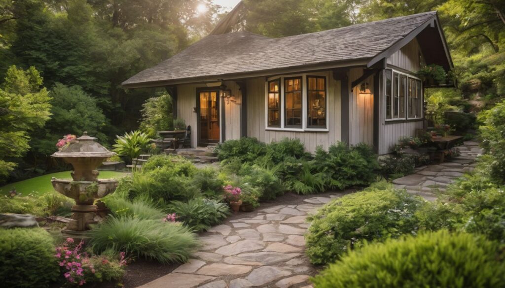 A retirement cottage surrounded by lush greenery in a bustling atmosphere. Retirement advice for single women