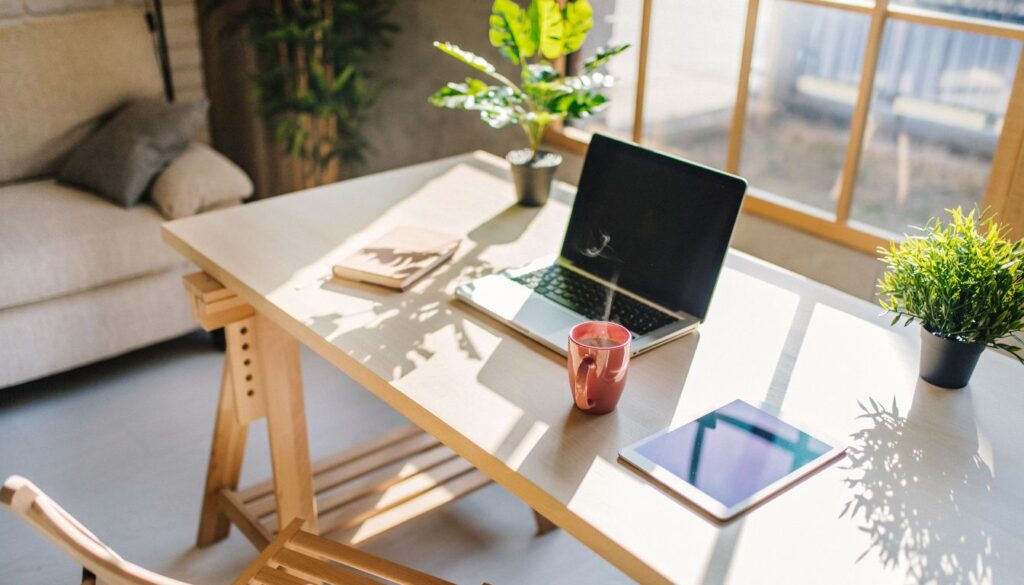 The cozy home office setup with financial planning tools and a laptop in a well-lit and bustling atmosphere. How to Make Money in Retirement