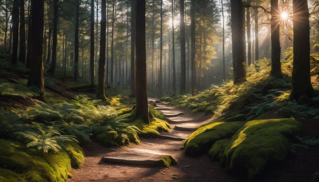 A serene forest with a winding path and sunlight shining through. retirement for single ladies