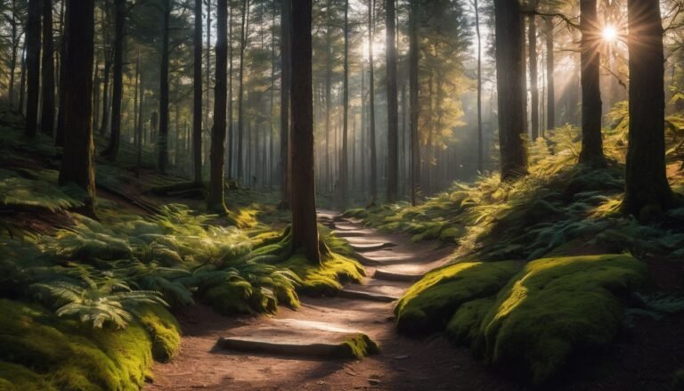 A serene forest with a winding path and sunlight shining through. retirement for single ladies