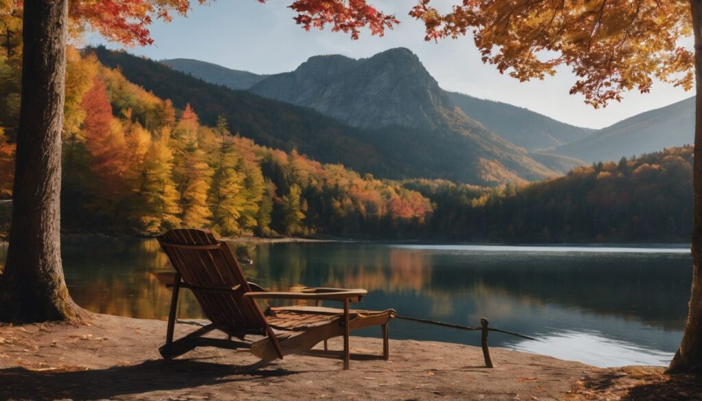 A peaceful lakeside surrounded by colorful autumn foliage and a comfortable chair. single and retired what to do