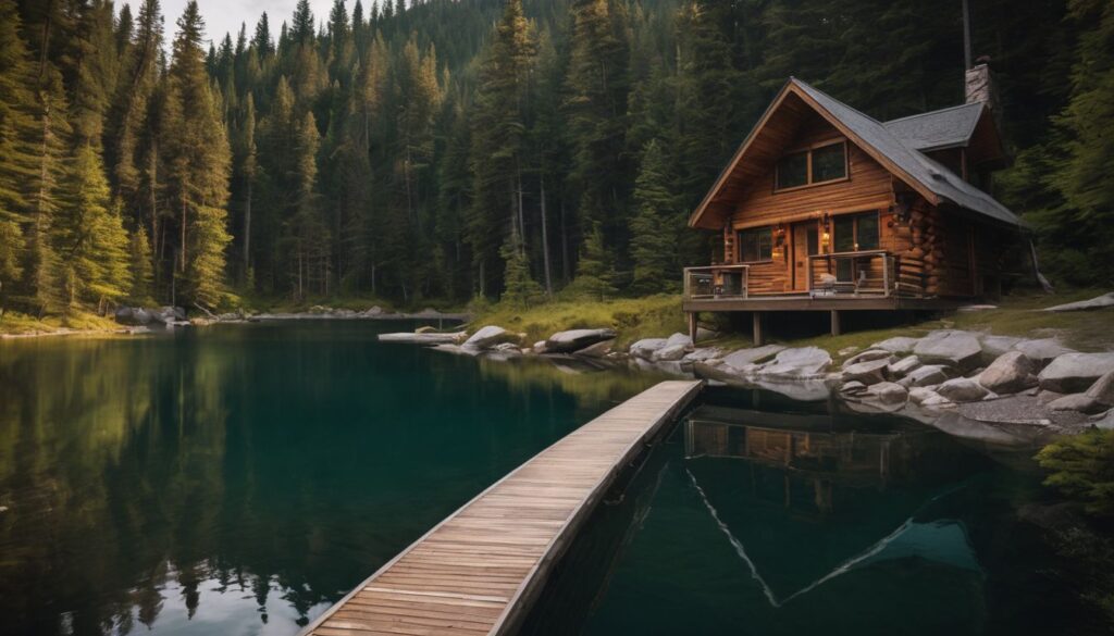 A serene lakeside scene with a cabin in the woods. best place for a single woman to retire