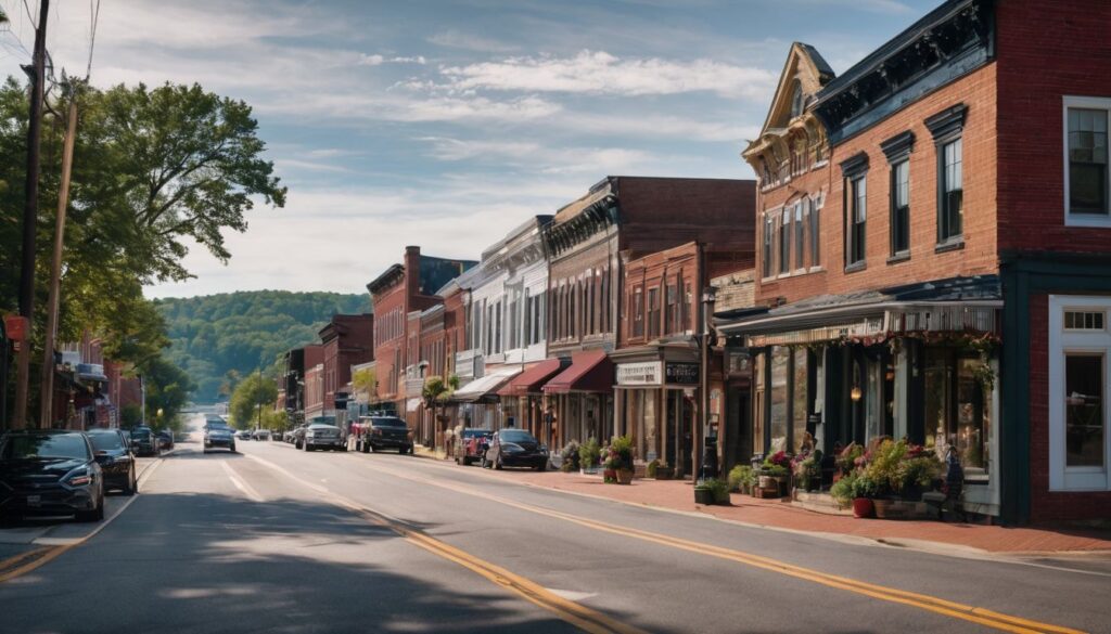 A picturesque street in historic Christiansburg, Virginia, with charming small-town architecture. best places for singles to retire