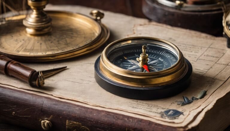 A vintage naval compass surrounded by nautical memorabilia on a weathered wooden desk. Navy Retirement Gifts